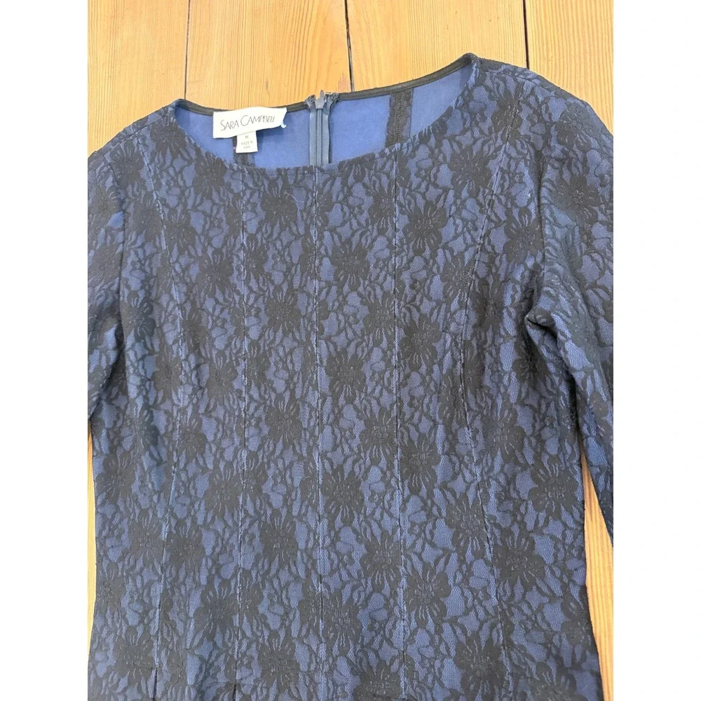 Sara Campbell Navy Blue Lace 2 Piece Peplum Top and Pants Set Womens Size M